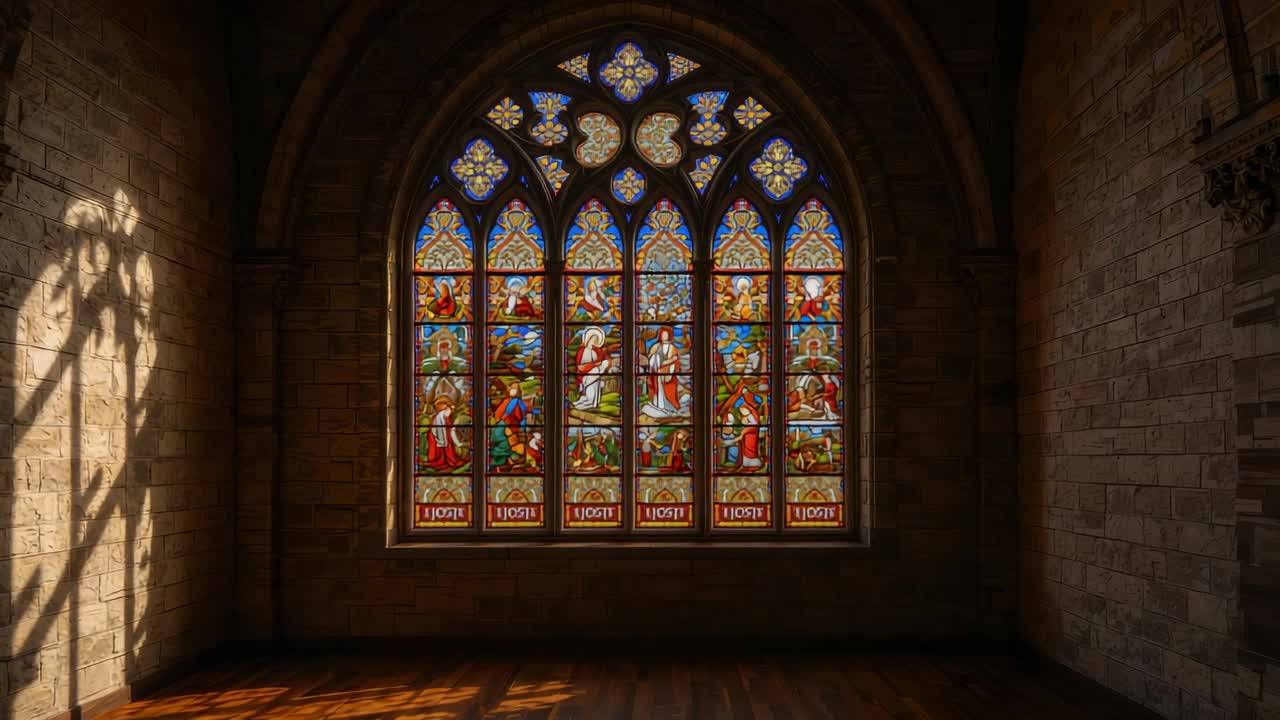 Stained glass window receiving sunlight projecting patterns across chapel floor marking sunrise