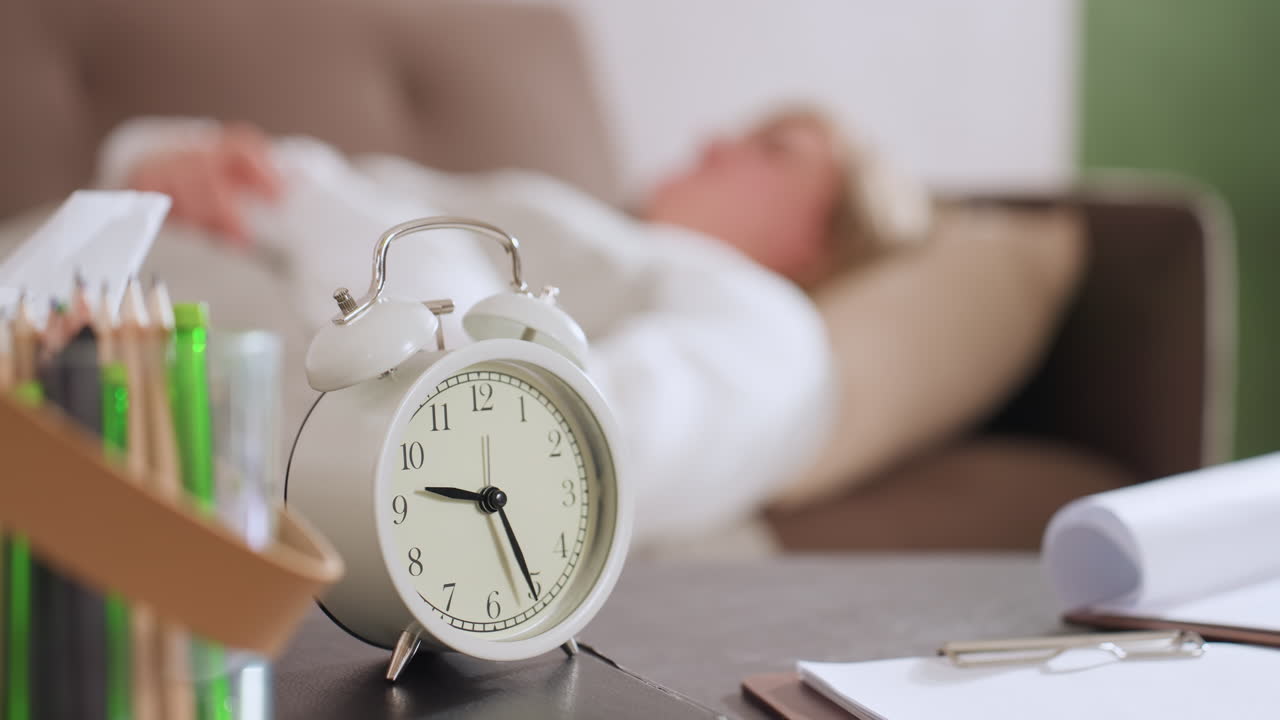 Close up of retro alarm clock on dark table surrounded by colored pencils and notebook with blur of woman lying on sofa in background creating calm therapeutic work space ambiance with soft light