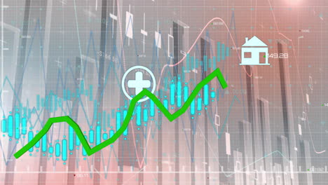 financial data and healthcare symbols animation over fluctuating stock market graph