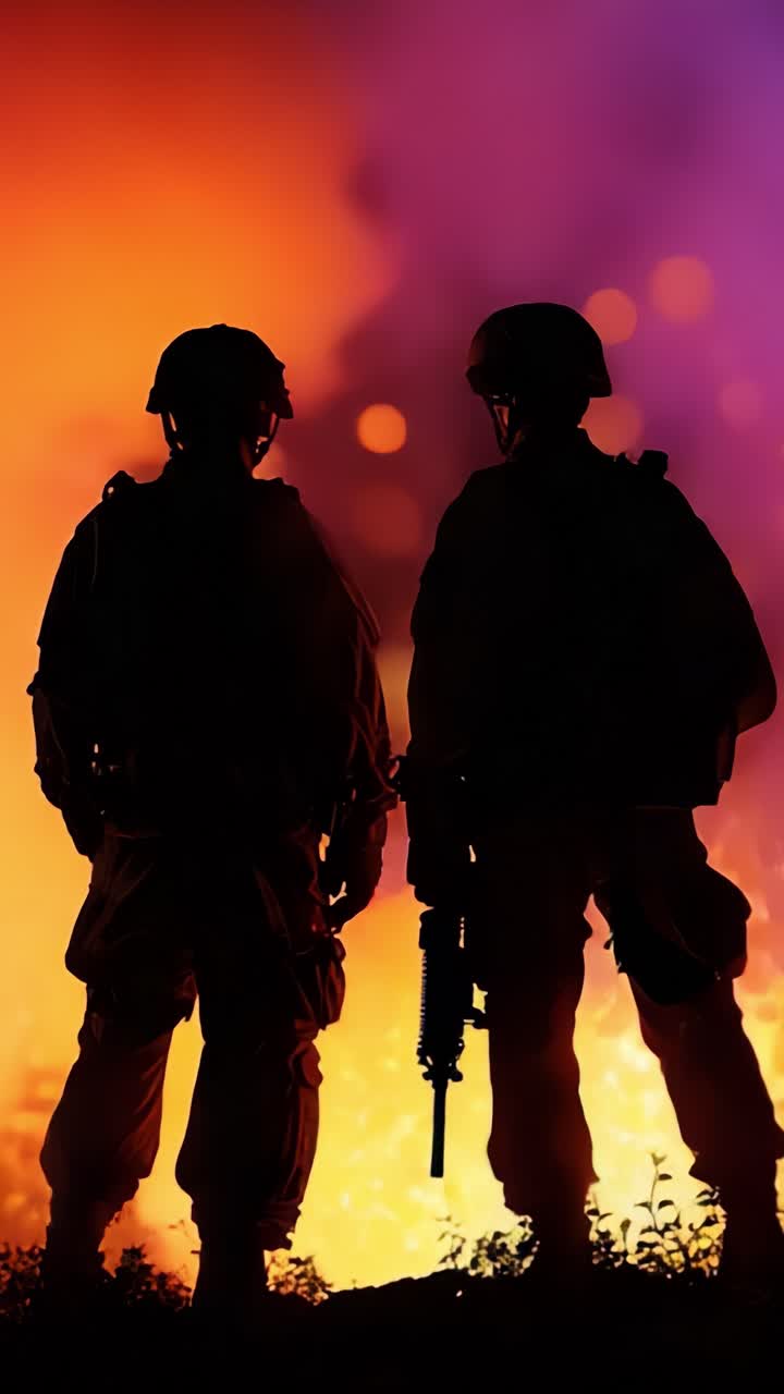 Two silhouetted soldiers standing resolute against a vibrant backdrop of flames and smoke, embodying courage and camaraderie in the face of danger and chaos