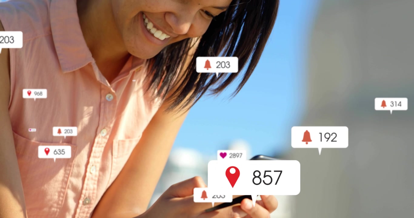 Woman on balcony tapping phone causing like and bell icons rising then fading tracking social data