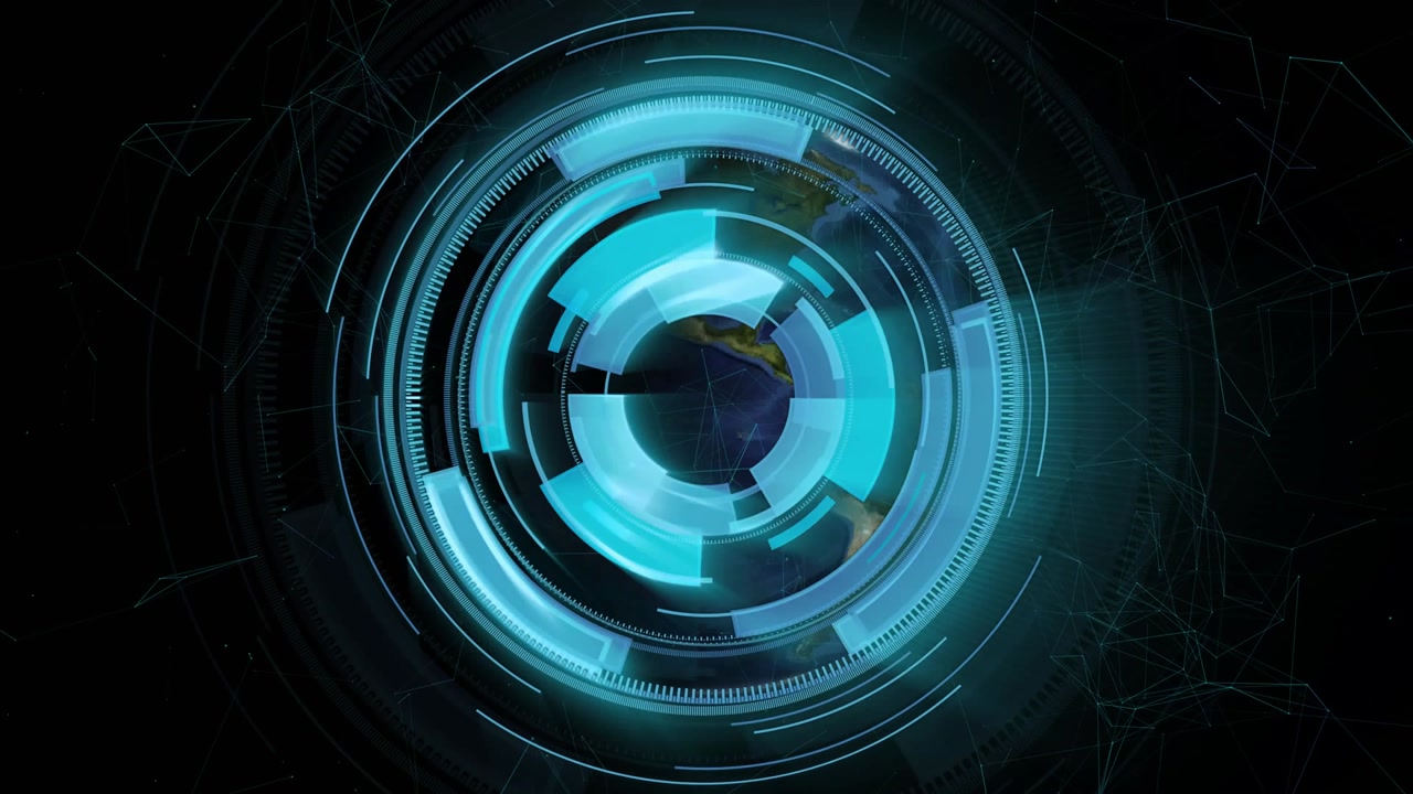 Futuristic HUD Interface Over Rotating Earth with Digital Network
