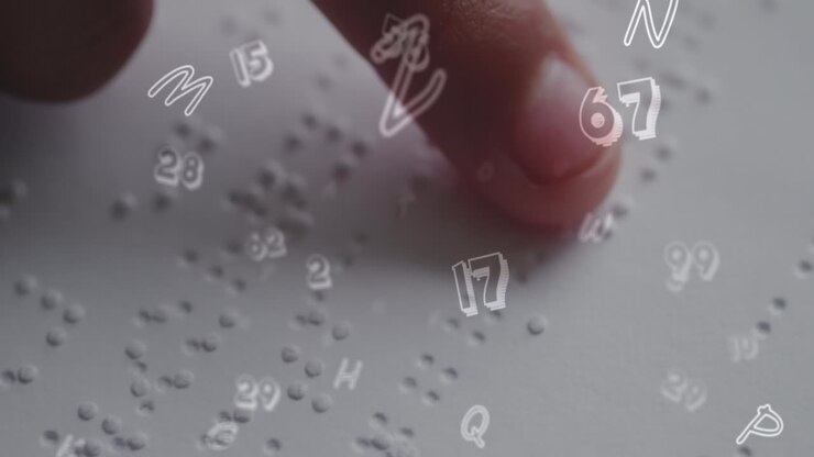Animazione di numeri su scolaretta caucasica che legge il braille