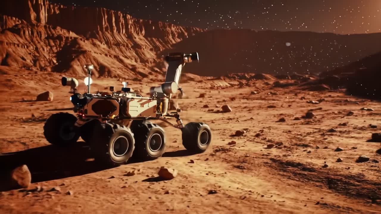 Exploring the Martian Landscape: A Robotic Rover Navigates the Rocky Terrain of Mars, Gathering Data Amidst a Starry Sky and Rugged Outcrops