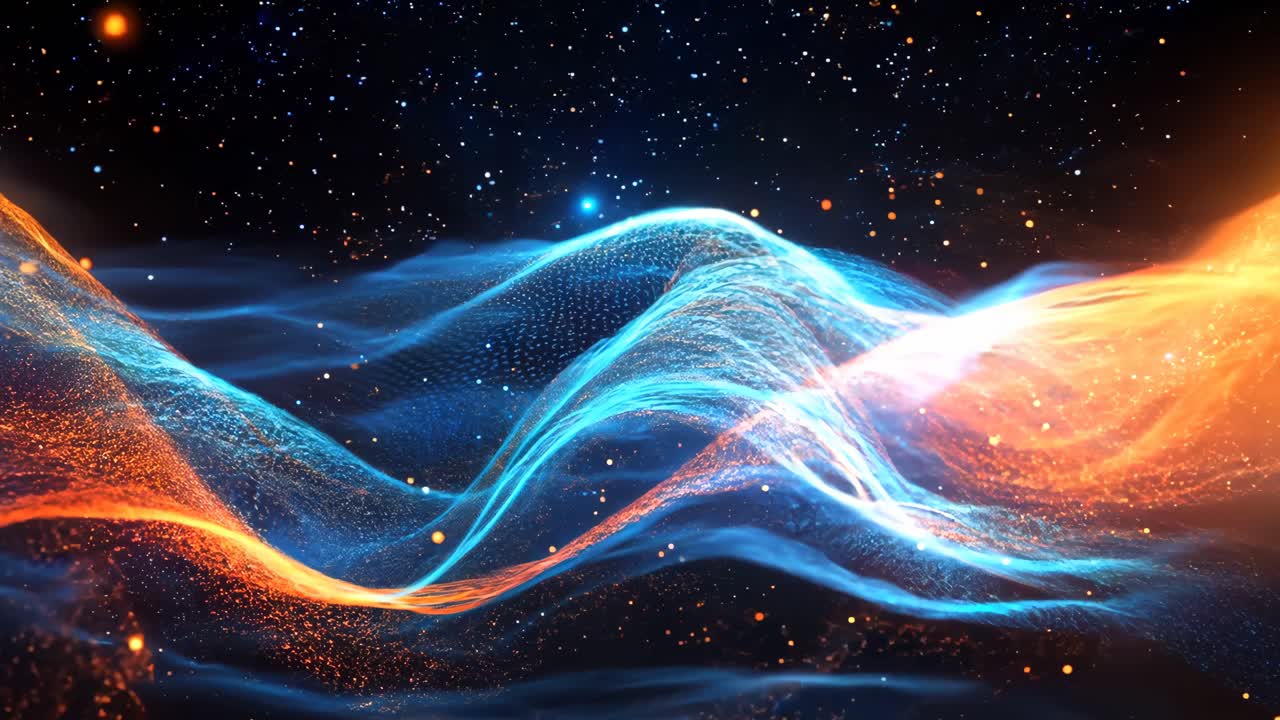 A blue and orange wave with a lot of sparkles. The wave is very long and it looks like it is moving