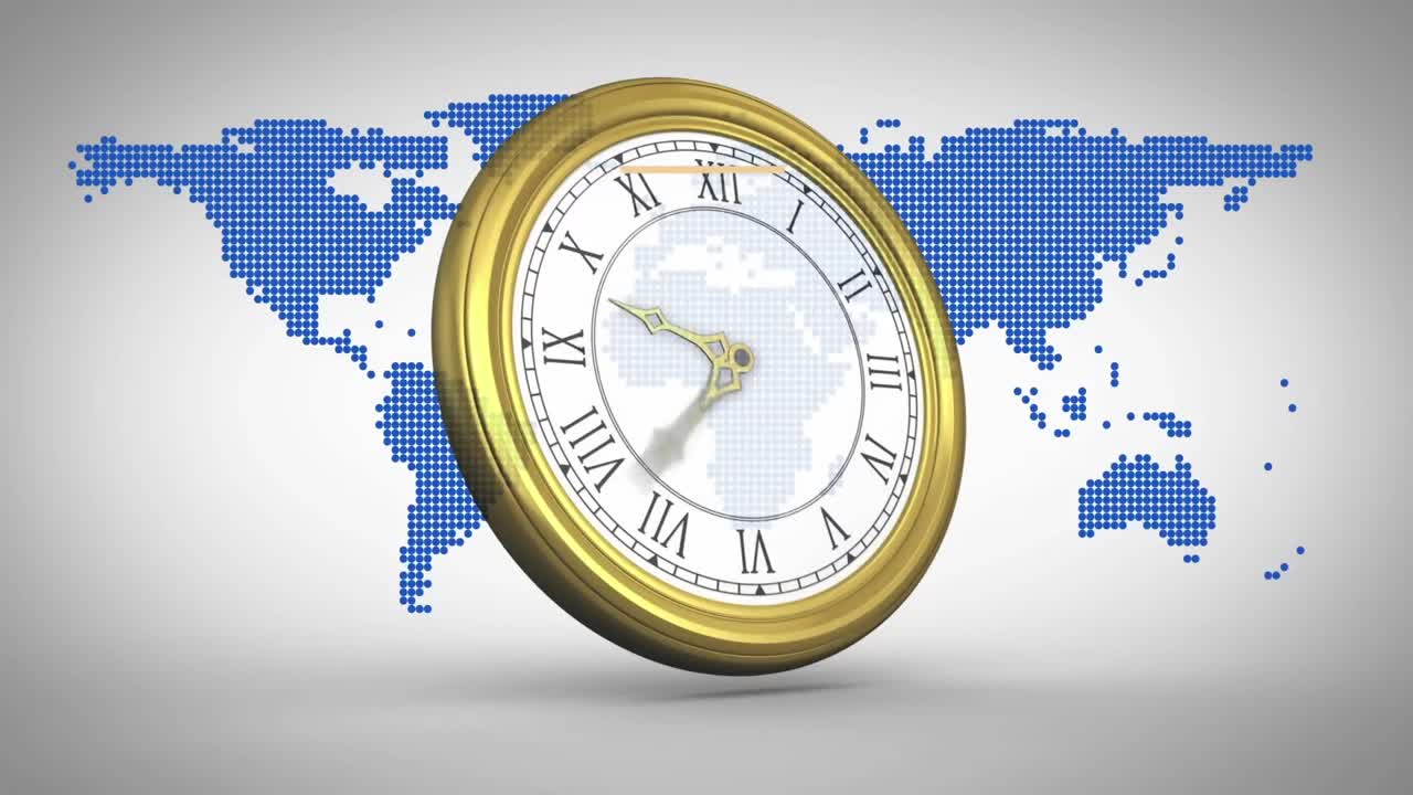 анимация периодического движения часов над голубыми квадратами, образующими карту на белом фоне.