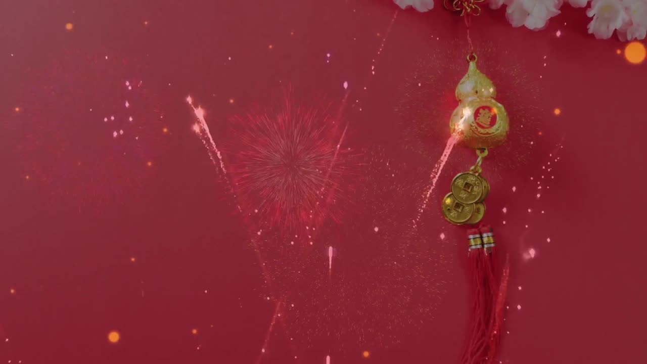 Animação de pontos brilhantes sobre decorações tradicionais chinesas em fundo vermelho