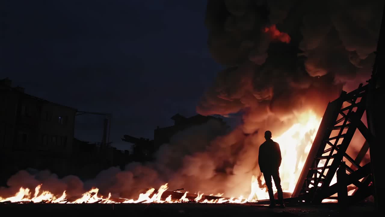 Silhouette of a person watching a large fire in an urban area at night.