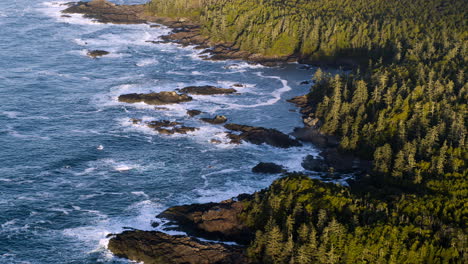 video de avión no tripulado al atardecer en ucluelet, columbia británica, canadá sobre el océano y el bosque