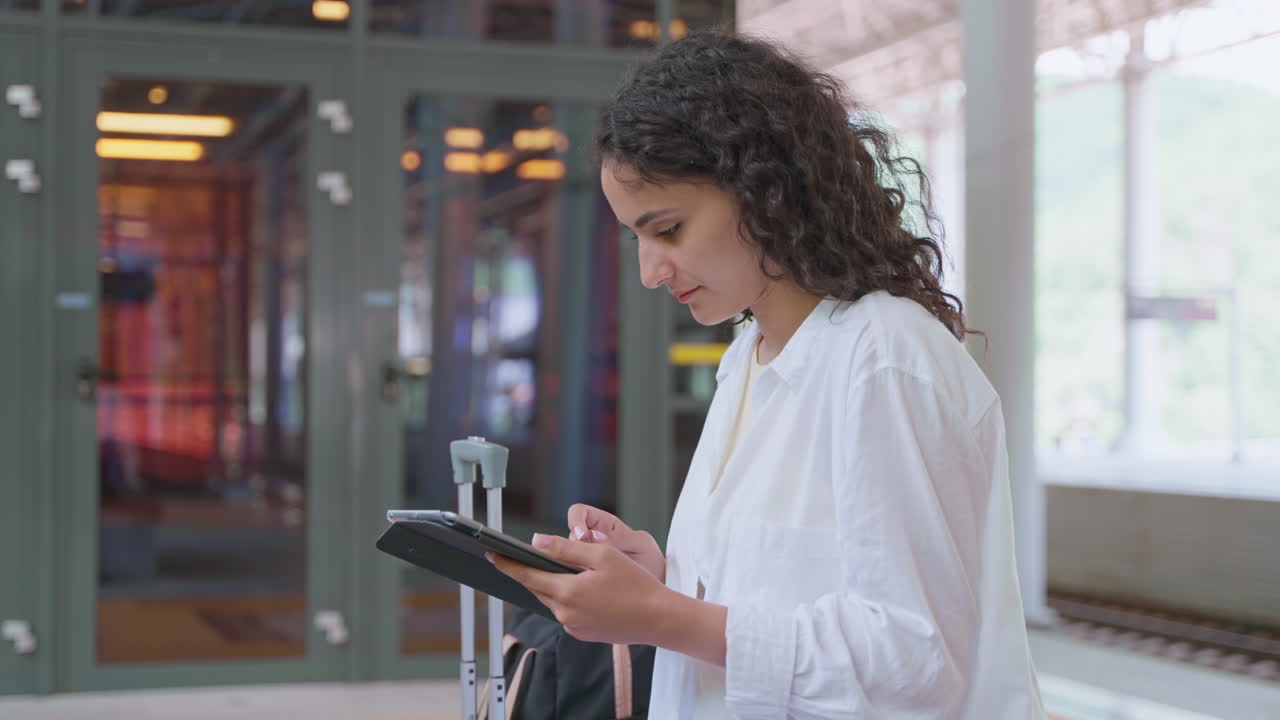 Woman using tablet at train station
