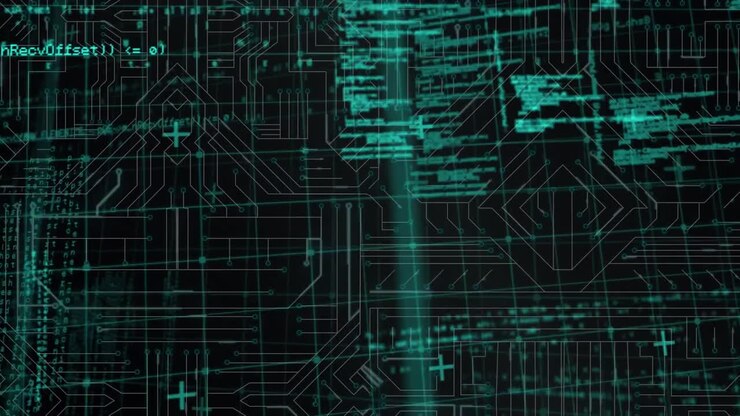 Animation of data processing over integrated circuit in green and black space