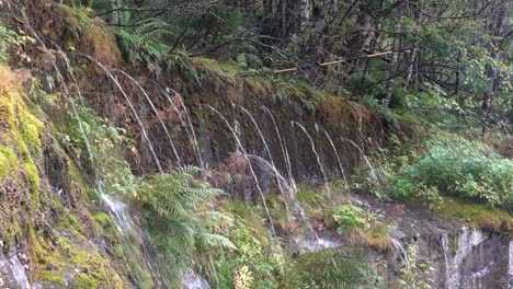 corrientes de agua que penetran a través de la pared de hormigón por encima de la carretera de noruega durante fuertes lluvias e inundaciones con mucha agua en las laderas de las montañas