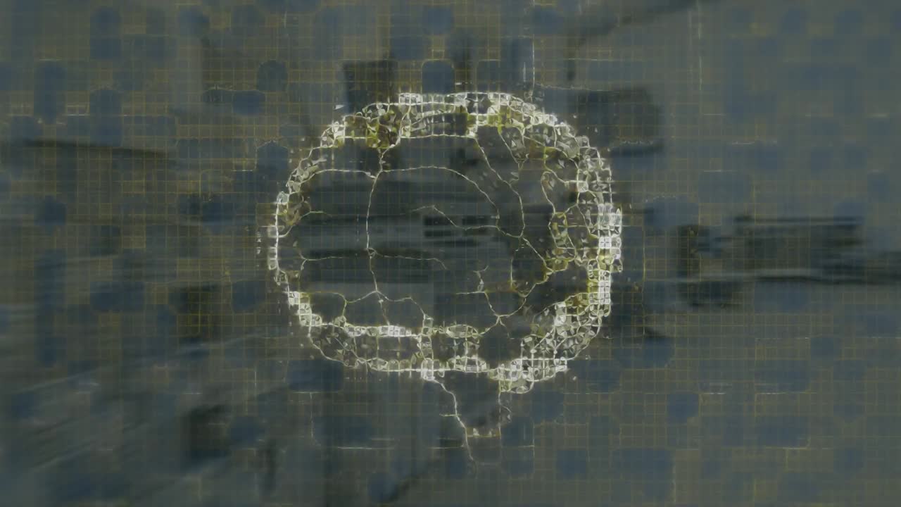 animación del cerebro y los cuadrados amarillos sobre el almacén