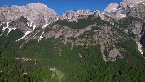 Wonderful-mountains-in-Albanian-Alps-with-the-top-covered-in-snow-and-green-forest-trees