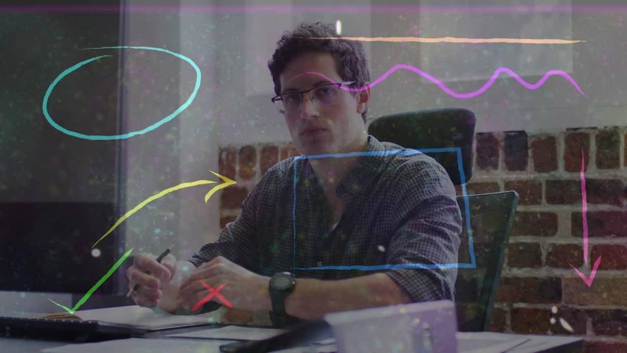 animación de dibujos multicolores y flechas sobre el hombre de negocios en la oficina