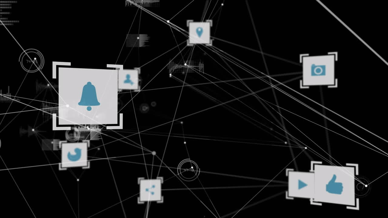 Animation of social media icons and connections over black background