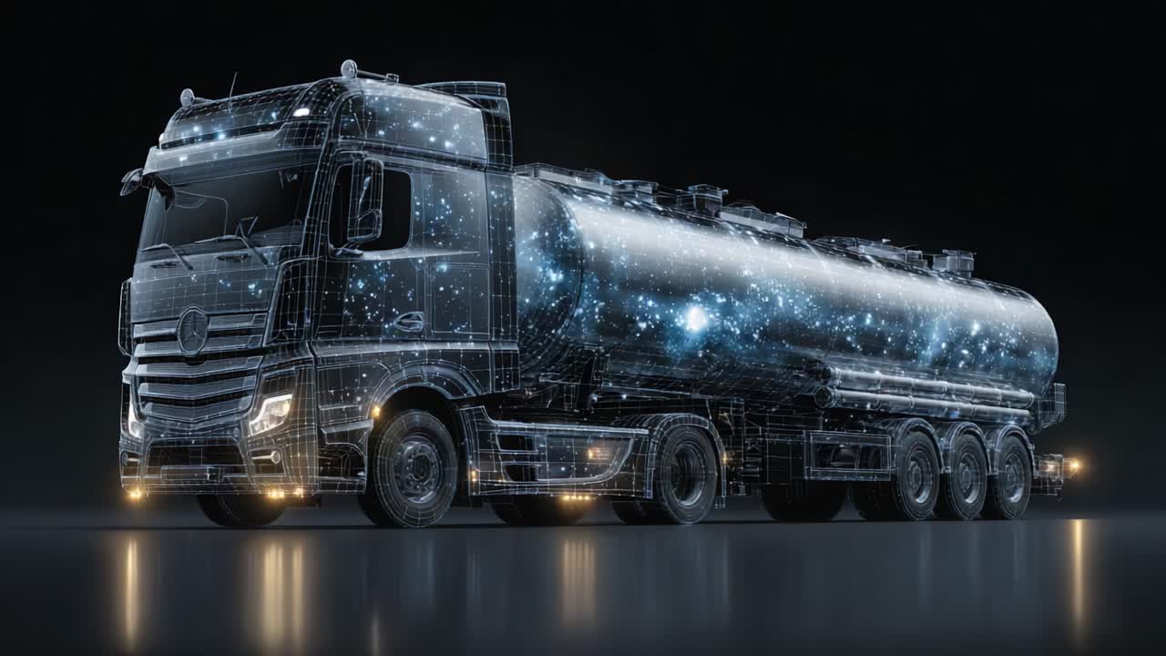 Futuristic Digital Rendering of a Tanker Truck: A Stunning Visualization of Advanced Technology Merging with Heavy-Duty Transportation in a Sci-Fi Aesthetic