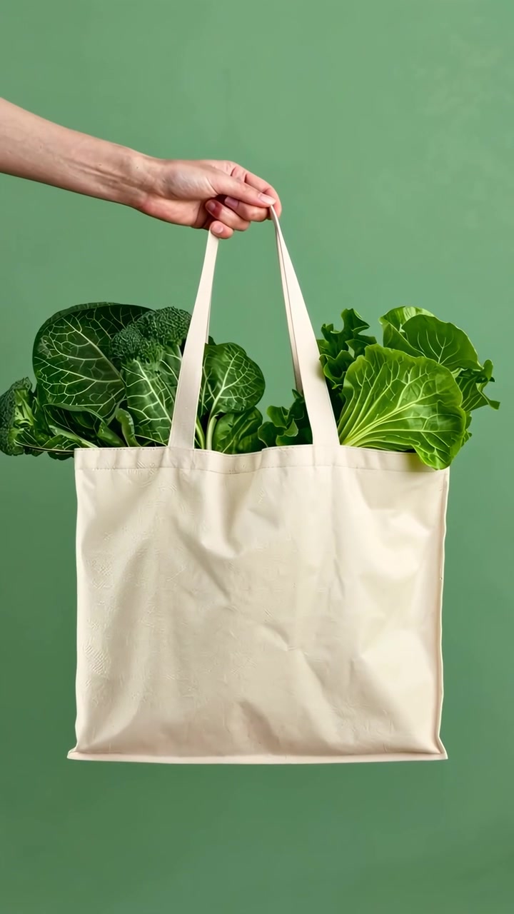 Hand Holding a Reusable Canvas Tote Bag Filled with Fresh Green Vegetables