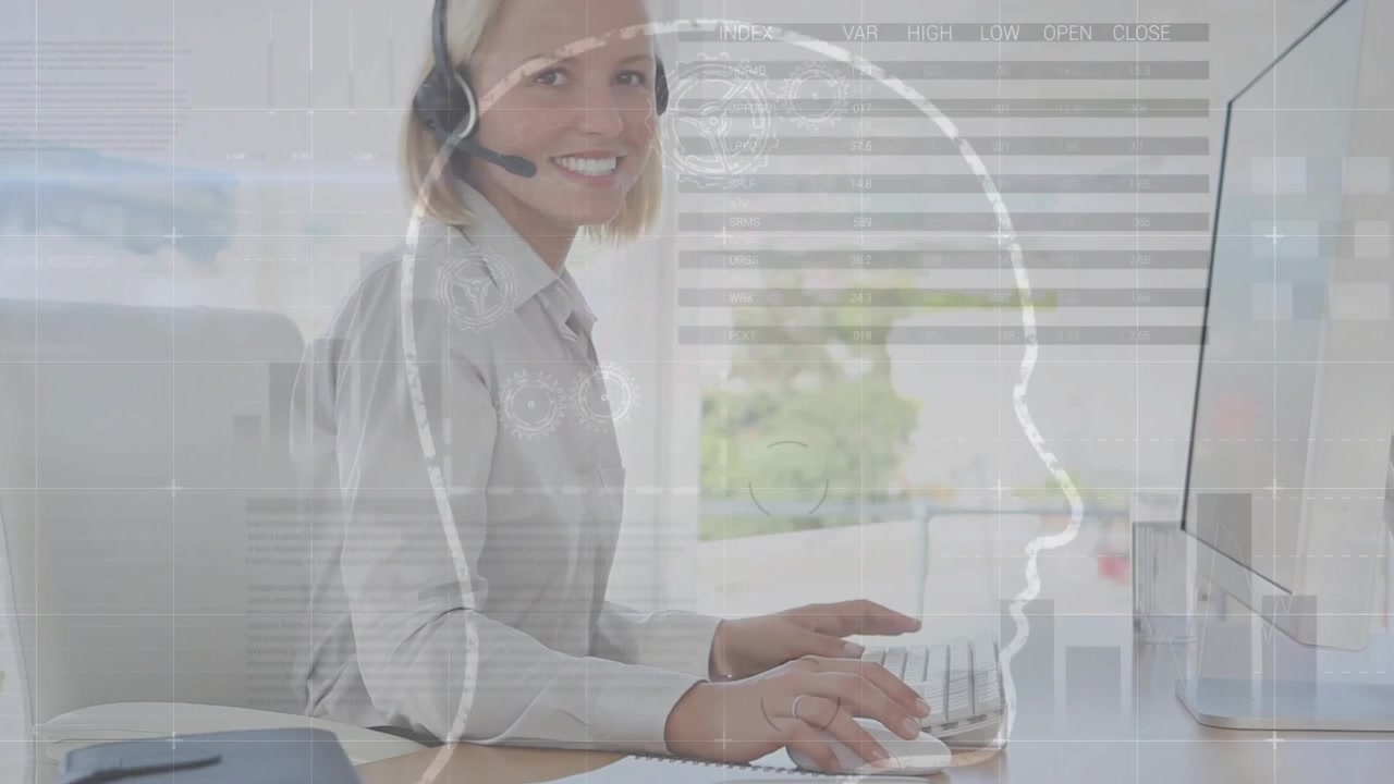 Animação de processamento de dados financeiros sobre empresária caucasiana com fone de ouvido.