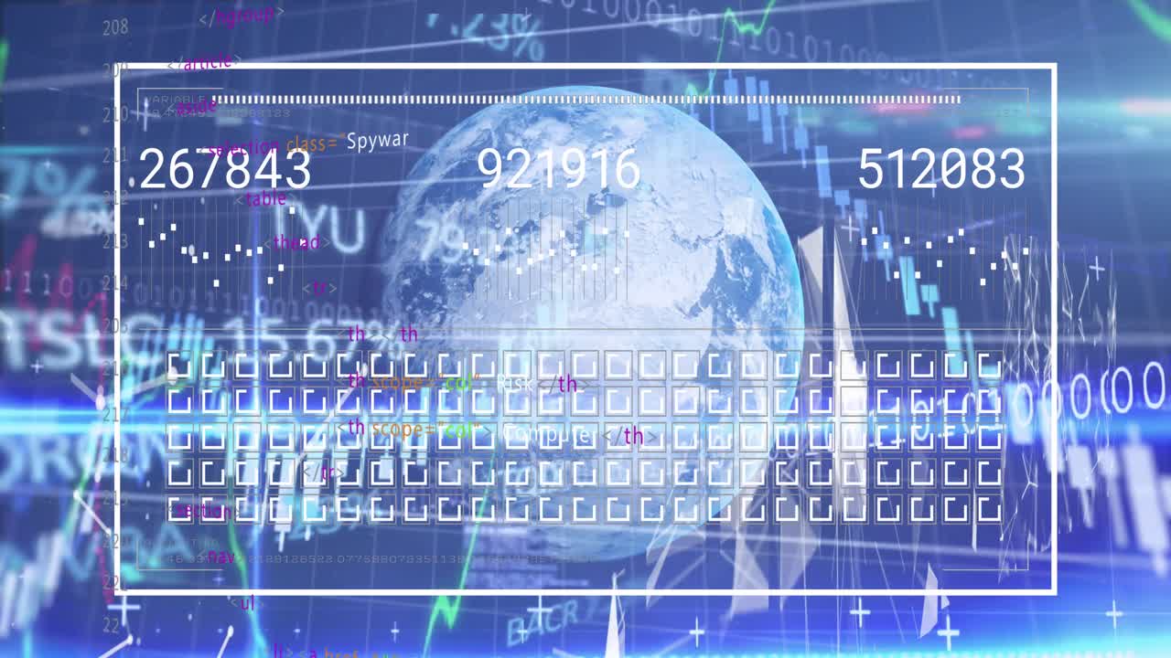 프로그래밍 코드에 따라 지구상에서 움직이는 사각형과 숫자를 가진 인터페이스의 디지털 애니메이션