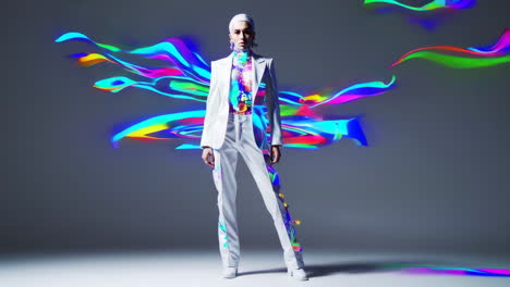 futuristic fashion model in white suit with vibrant abstract neon background