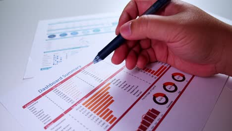 close-up of businessman's hands with pen working at office desk and analyzing dashboard graphs and charts, profit report checking