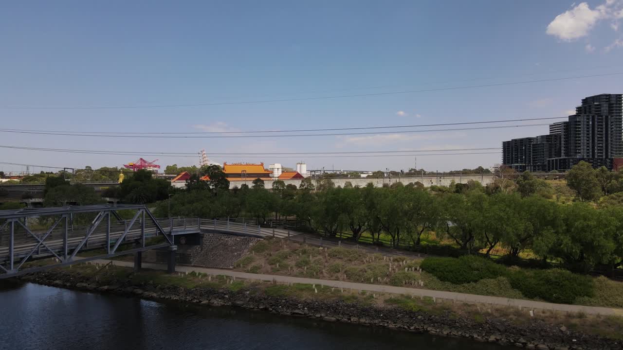Aerial drone above river and nature reserve in Footscray, Melbourne