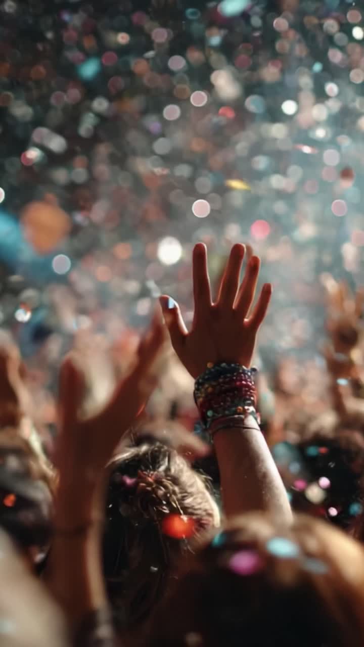 A Vibrant Celebration Captured: Enthusiastic Hands Raised High in Joyful Embrace of the Festive Atmosphere Amidst a Shower of Colorful Confetti