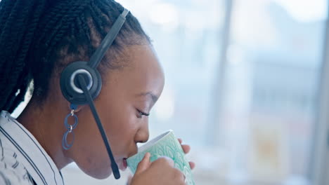 Black-woman,-call-center-and-drinking-coffee