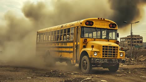 yellow school bus in a post-apocalyptic setting
