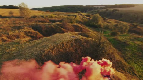 couple walk with color smoke bombs. aerial shot of a young man and woman with smoke bombs on the meadow summer