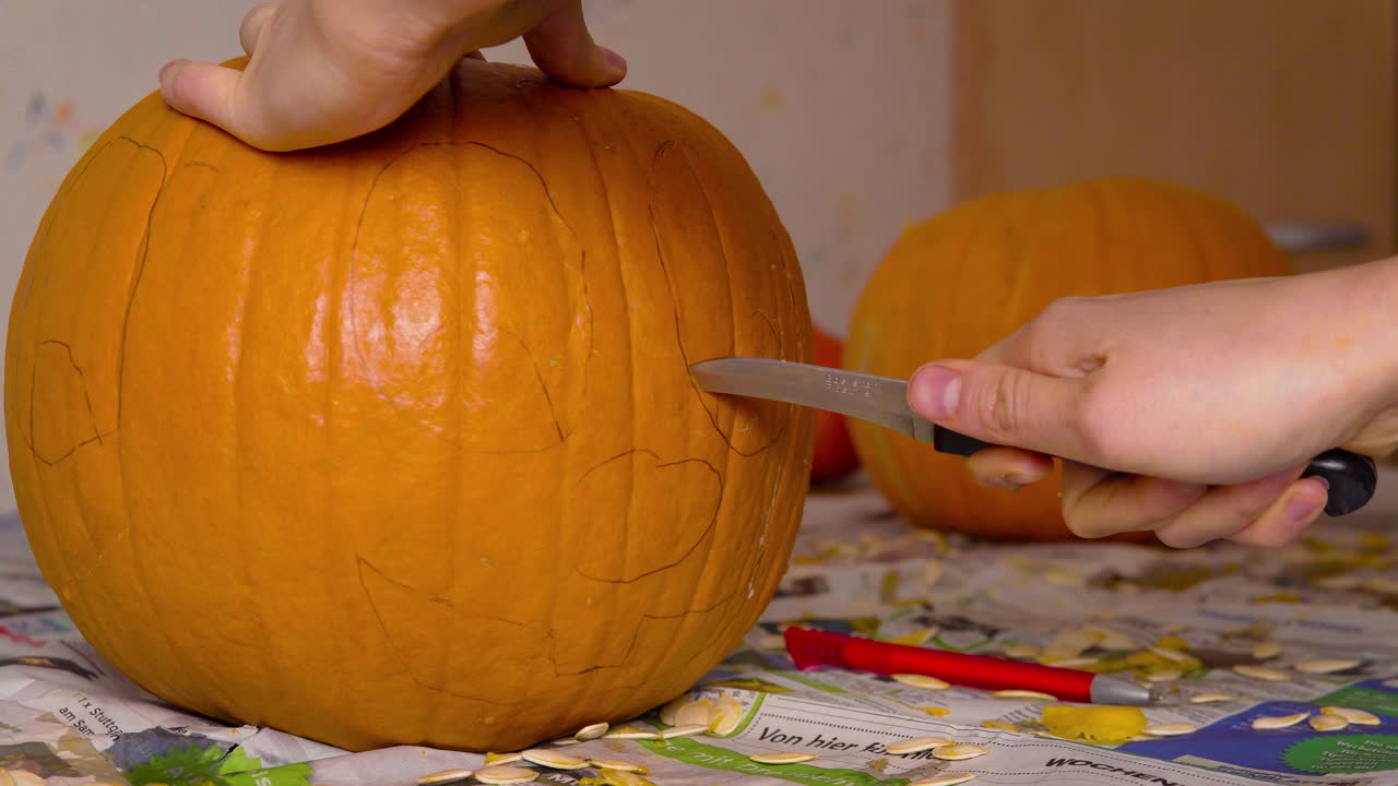 호박 카빈 여성 할로윈 장식으로 준비하는 칼로 잭 오 랜턴의 귀여운 얼굴을 호박으로 잘라냅니다.