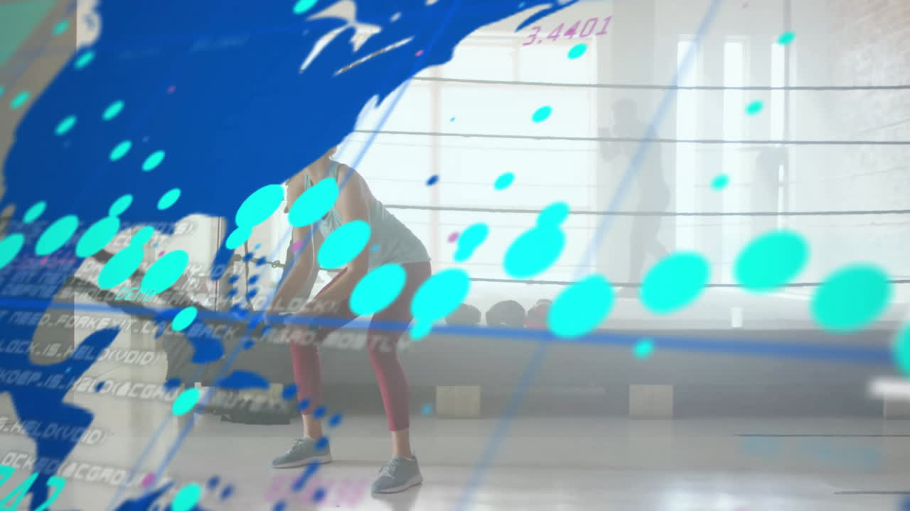 Fitness enthusiast exercising in gym with dynamic blue and green animation overlay