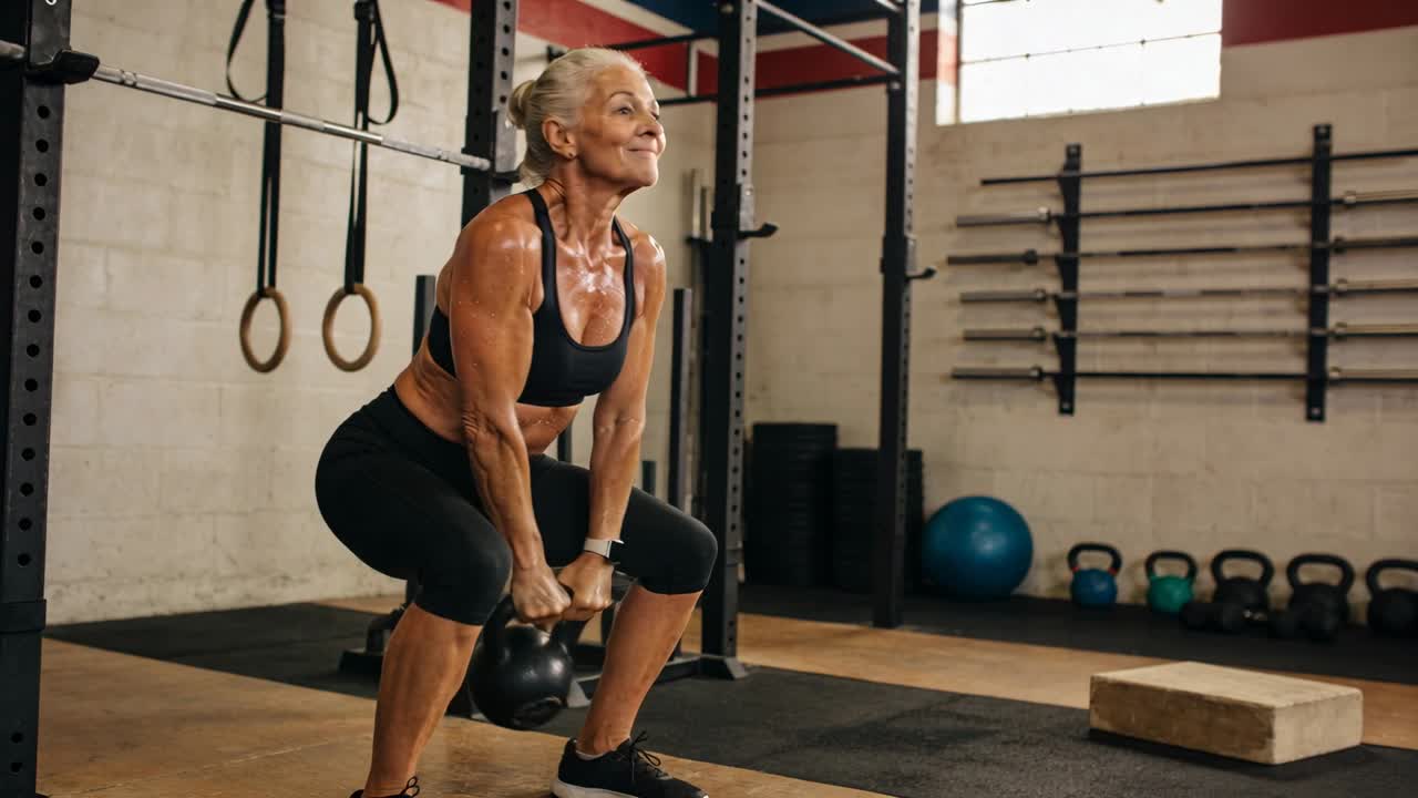 Un anziano esegue uno swing con kettlebell e uno squat con la spinta delle anche in palestra, indossando leggings neri per la forza.