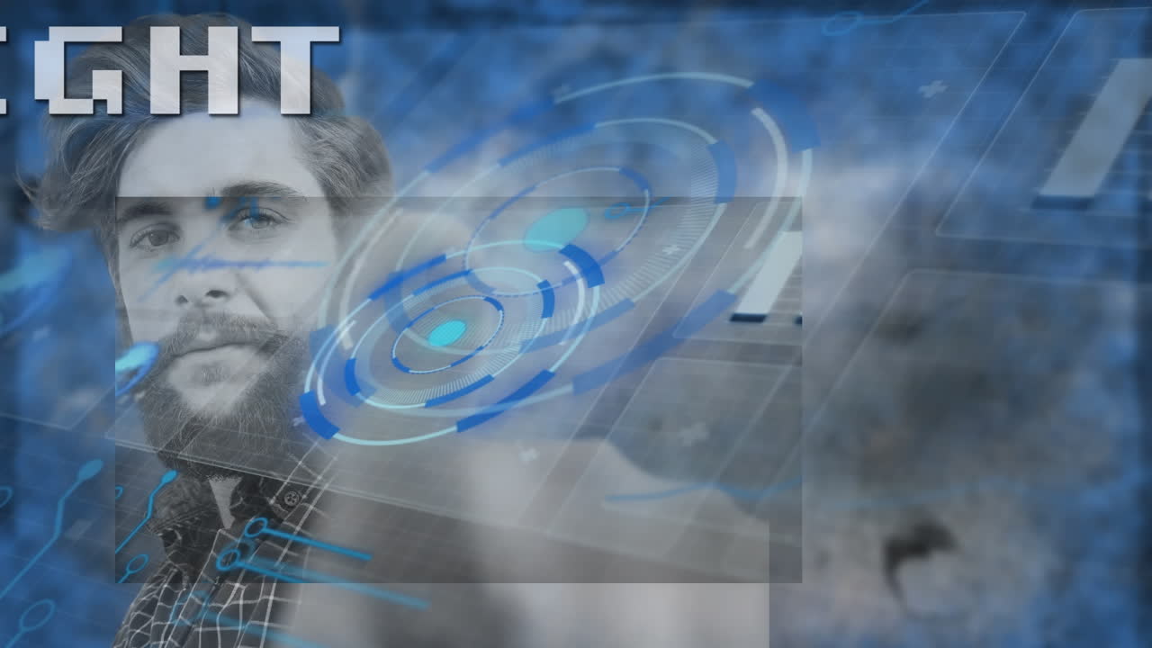 animación de la lucha por el hombre caucásico y diversos datos en pantallas digitales