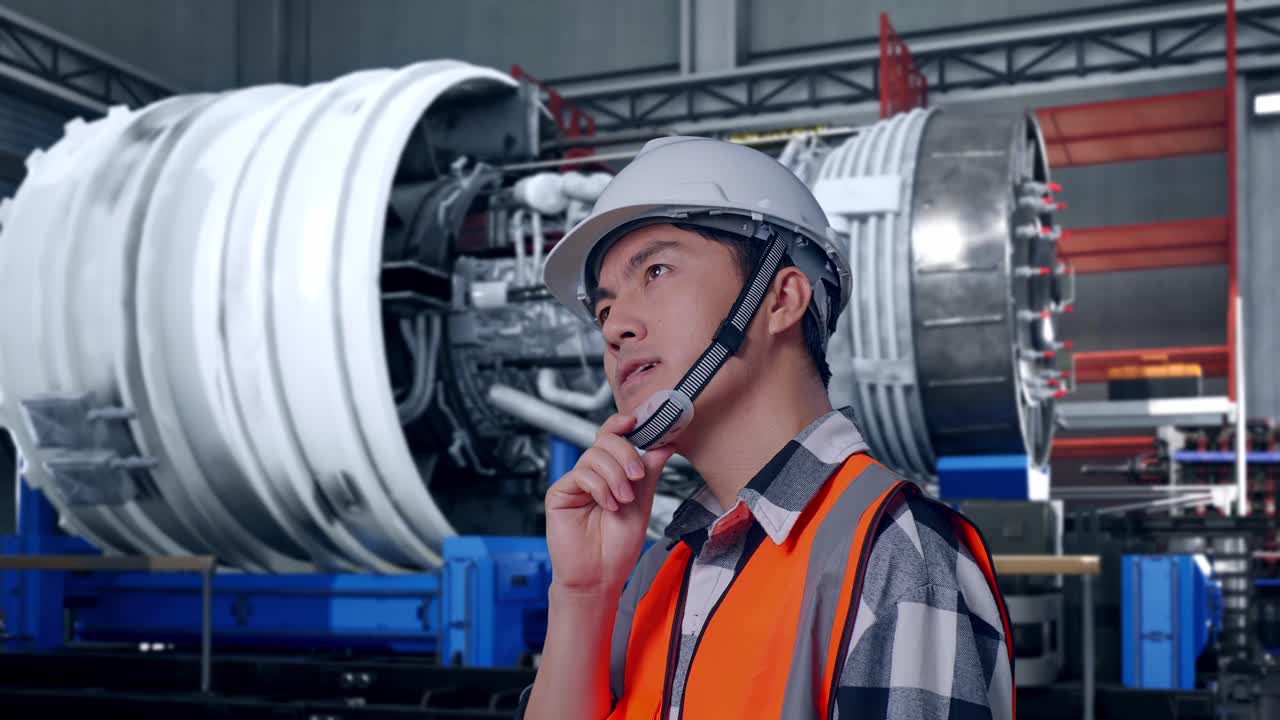 Close Up Side View Of Asian Male Engineer With Safety Helmet Thinking And Looking Around Then Raising His Index Finger With Airplane Engine Maintenance Conducted, Analytics Checking the Turbine