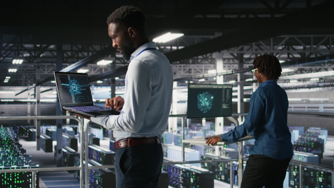 Server hub teamworking IT experts visualizing AI large language model