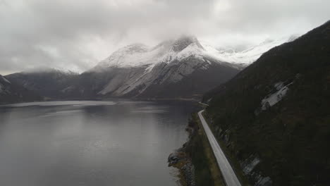 Aerial-view-of-the-snow-capped-Stetind-Mountain-in-Nordland,-Norway