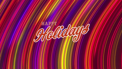 animation of happy holidays text over colourful trails on black background