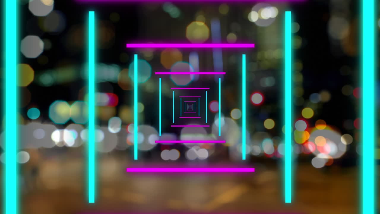Animation af grønne og lyserøde neonlinjer, der bevæger sig over et sløret nattebylandskab.