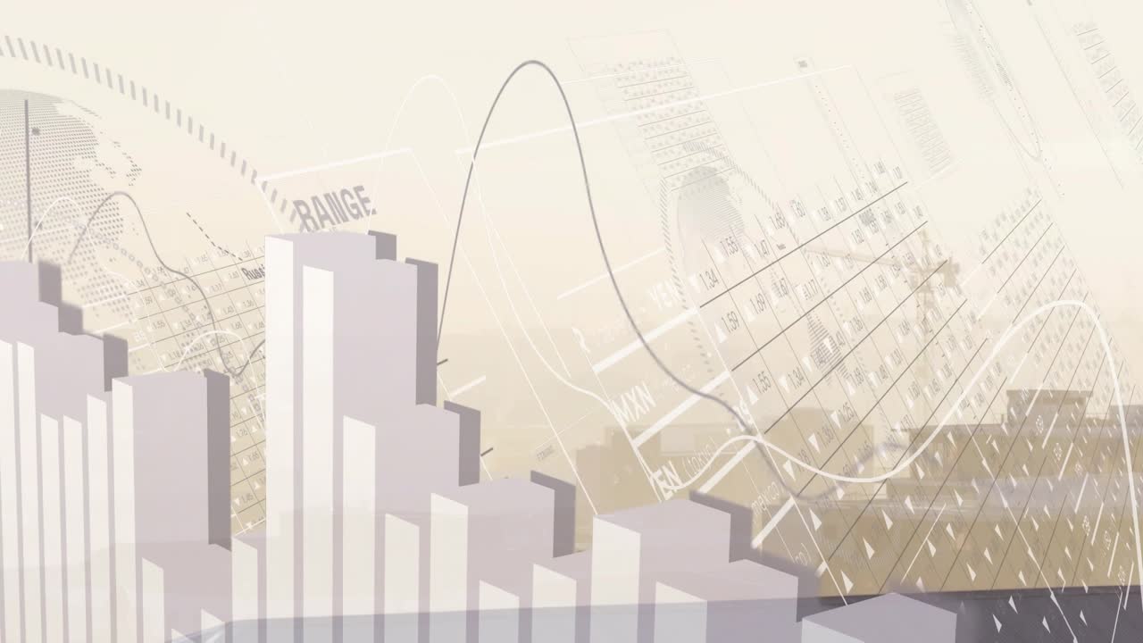 Motion triggered by smudge overlay, 3D bars rising and line graph drawing showing market trends