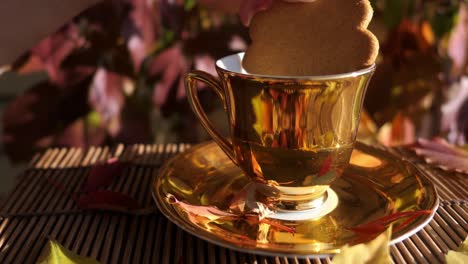 Woman-dipping-gingerbread-cookie-into-hot-drink-in-fall