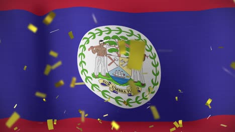 animation of falling golden confetti over waving flag of belize in background