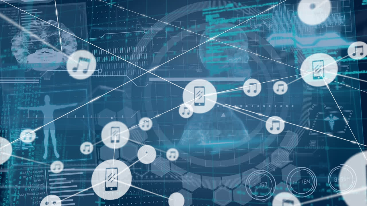 animación de la red de conexiones con iconos sobre el procesamiento de datos