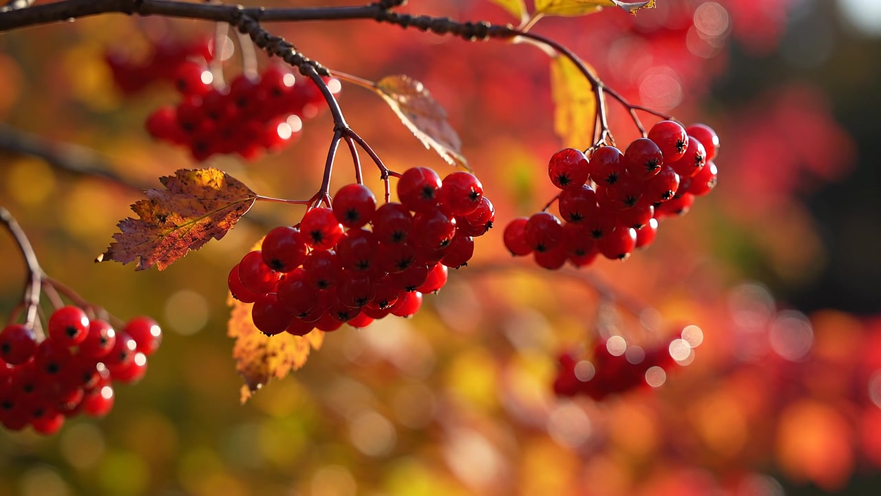 Grappoli di bacche di sorbo rosse mature alla luce dorata del sole autunnale