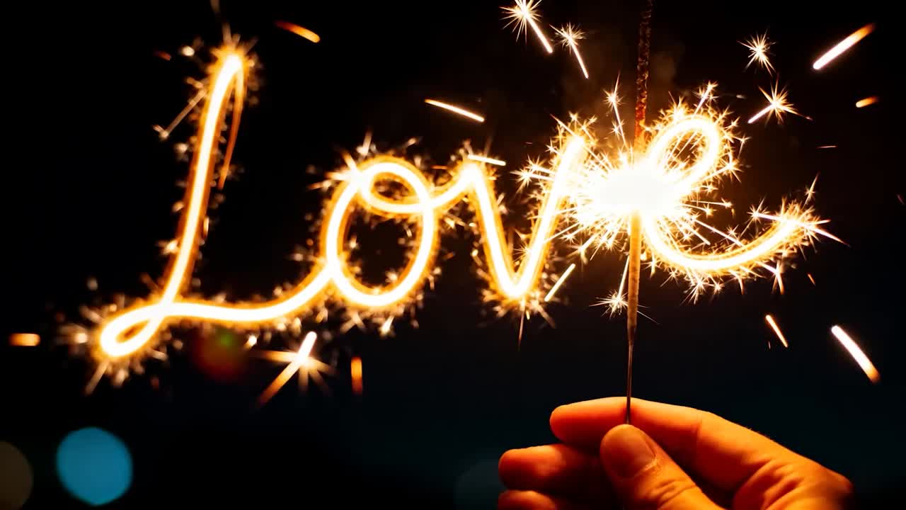 Lighting hand holding metal sparkler stick, tracing glowing word Love at night for celebration