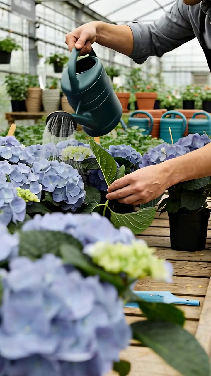 Video verticale: Uomo con camicia grigia e grembiule che, posizionando una foglia, inclina un annaffiatoio color verde acqua per innaffiare ortensie su una panca.