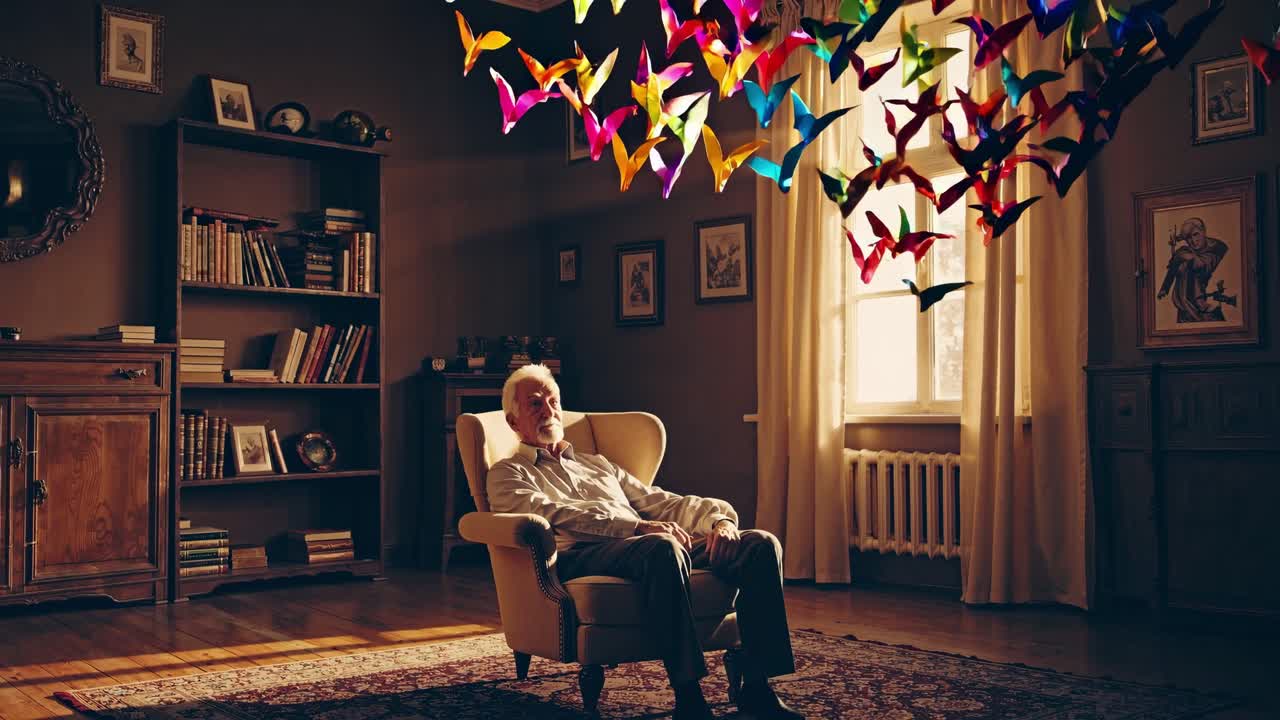 다채로운 오리가미 새 들 과 함께 의자 에 앉은 고위 사람