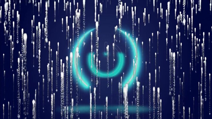 Faint teal glow intensifying, teal icon emerging as digit streams falling, pulsing for data visuals