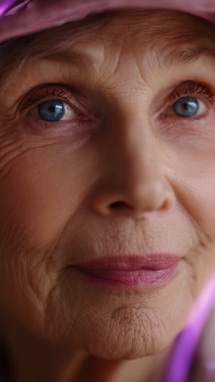 Ritratto di un'anziana signora con sorprendenti occhi azzurri e rughe delicate, adornata con un cappello rosa tenue, che cattura l'essenza della grazia e della saggezza nella sua espressione